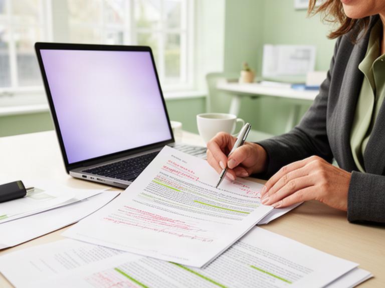 Business owner reviewing a marked-up commercial contract beside a laptop in a bright Gloucestershire office